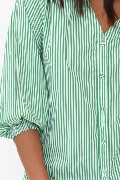Cotton Tops<Silver Wishes Troy Green Stripe Cotton Shirt