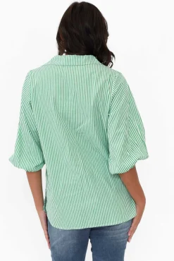 Cotton Tops<Silver Wishes Troy Green Stripe Cotton Shirt