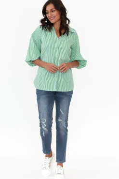 Cotton Tops<Silver Wishes Troy Green Stripe Cotton Shirt