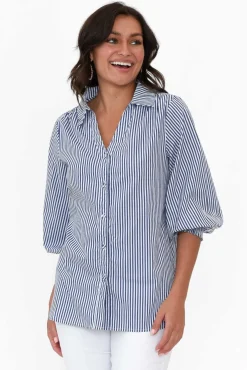 Cotton Tops<Silver Wishes Troy Navy Stripe Cotton Shirt
