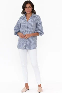 Cotton Tops<Silver Wishes Troy Navy Stripe Cotton Shirt