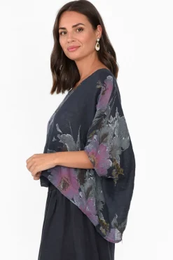 Linen Tops<Donna Donna Turner Navy Floral Linen Scoop Neck Top