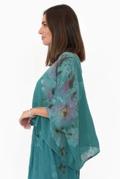 Linen Tops<Donna Donna Turner Teal Floral Linen Scoop Neck Top
