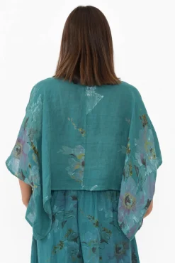 Linen Tops<Donna Donna Turner Teal Floral Linen Scoop Neck Top