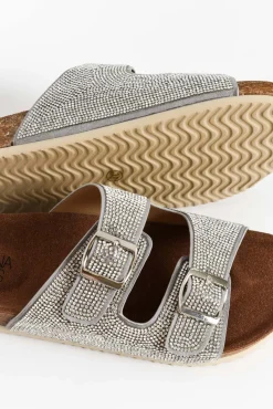 Slides<Laguna Quays Twain Silver Diamante Double Buckle Slide