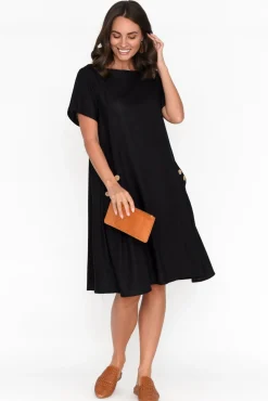 Linen Dresses<Ruby Rain Tyreke Black Linen Cotton Pocket Dress