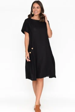 Linen Dresses<Ruby Rain Tyreke Black Linen Cotton Pocket Dress