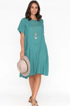 Linen Dresses<Ruby Rain Tyreke Teal Linen Cotton Pocket Dress