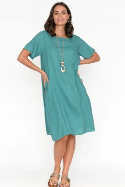 Linen Dresses<Ruby Rain Tyreke Teal Linen Cotton Pocket Dress