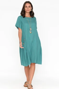 Linen Dresses<Ruby Rain Tyreke Teal Linen Cotton Pocket Dress