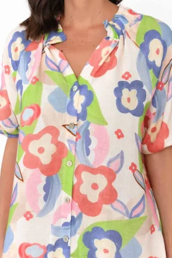 Linen Dresses<La Strada Ulla Blue Floral Linen Cotton Dress