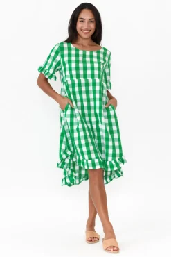 Cotton Dresses<Worthier Val Emerald Gingham Cotton Dress