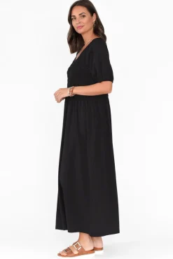 Cotton Dresses<One Ten Willow Vancouver Black Cotton Shirred Dress