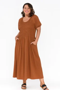 Cotton Dresses<One Ten Willow Vancouver Rust Cotton Shirred Dress