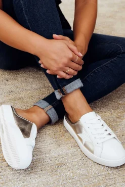 Leather Sneakers<Alfie and Evie Vango Gold White Leather Mule Sneaker