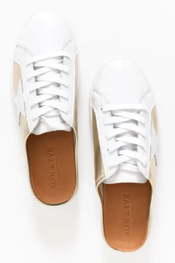 Leather Sneakers<Alfie and Evie Vango Gold White Leather Mule Sneaker