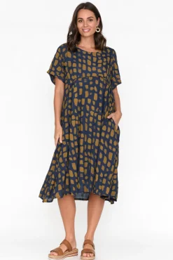 Cotton Dresses<Indigo Designs Vanya Navy Abstract Cotton Blend Dress