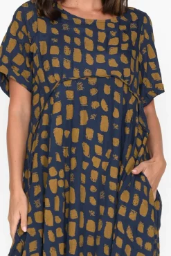 Cotton Dresses<Indigo Designs Vanya Navy Abstract Cotton Blend Dress