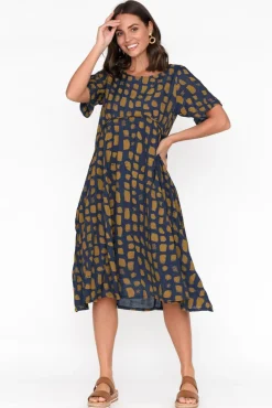 Cotton Dresses<Indigo Designs Vanya Navy Abstract Cotton Blend Dress