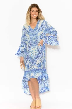 Below Knee Dresses<Fashion Spectrum Verona Blue Silk Frill Dress