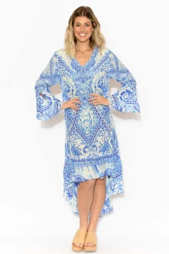 Below Knee Dresses<Fashion Spectrum Verona Blue Silk Frill Dress