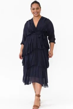 Midi Dresses<La Strada Victoria Navy Silk V Neck Dress