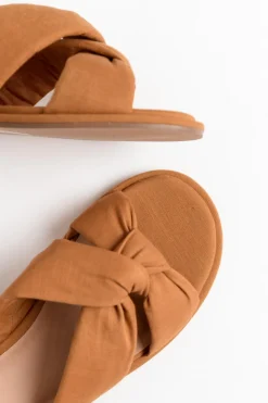 Slides<Nude Shoes Victoria Tan Linen Crossover Slide