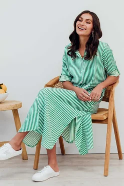 Cotton Dresses<One Summer Vivien Green Stripe Cotton Blend Shirt Dress