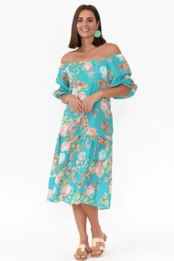 Linen Dresses<Fabuler Vogue Turquoise Paisley Linen Tier Dress