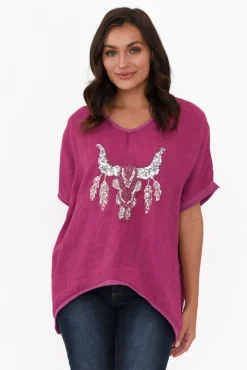 Linen Tops<Donna Donna Wild West Fuchsia Sequin Linen Tee