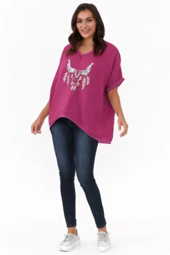 Linen Tops<Donna Donna Wild West Fuchsia Sequin Linen Tee