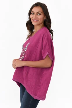 Linen Tops<Donna Donna Wild West Fuchsia Sequin Linen Tee