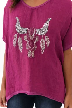 Linen Tops<Donna Donna Wild West Fuchsia Sequin Linen Tee