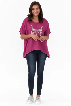 Linen Tops<Donna Donna Wild West Fuchsia Sequin Linen Tee