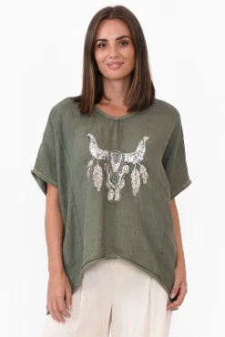 Linen Tops<Donna Donna Wild West Khaki Sequin Linen Tee