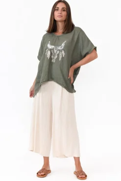 Linen Tops<Donna Donna Wild West Khaki Sequin Linen Tee