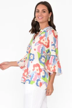 Linen Tops<La Strada Wilda Blue Floral Linen Cotton Top