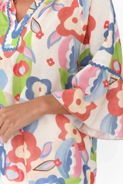 Linen Tops<La Strada Wilda Blue Floral Linen Cotton Top