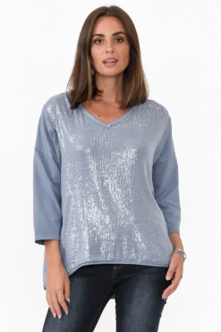 Cotton Tops<La Strada Willard Blue Cotton Sequin Top