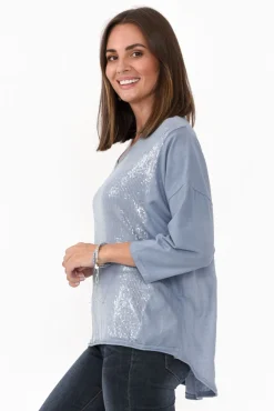 Cotton Tops<La Strada Willard Blue Cotton Sequin Top
