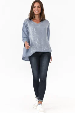 Cotton Tops<La Strada Willard Blue Cotton Sequin Top