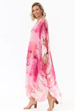 Maxi Dresses<Donna Donna Zephyr Pink Watercolour Silk Layer Dress