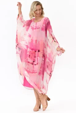 Maxi Dresses<Donna Donna Zephyr Pink Watercolour Silk Layer Dress
