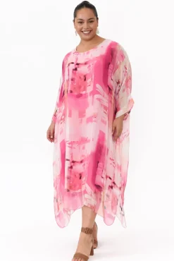 Maxi Dresses<Donna Donna Zephyr Pink Watercolour Silk Layer Dress