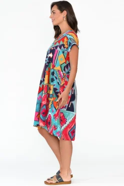 Cotton Dresses<Orientique Zio Blue Abstract Organic Cotton Dress