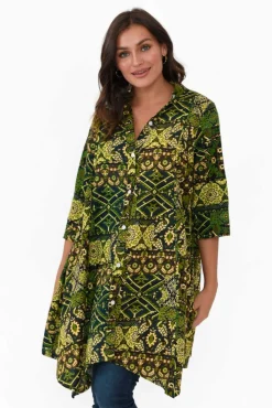 Cotton Tops<Hourglass Zora Green Diamond Cotton Linen Tunic