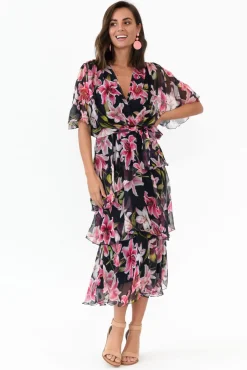 Midi Dresses<L'amore Zula Navy Floral Layer Dress
